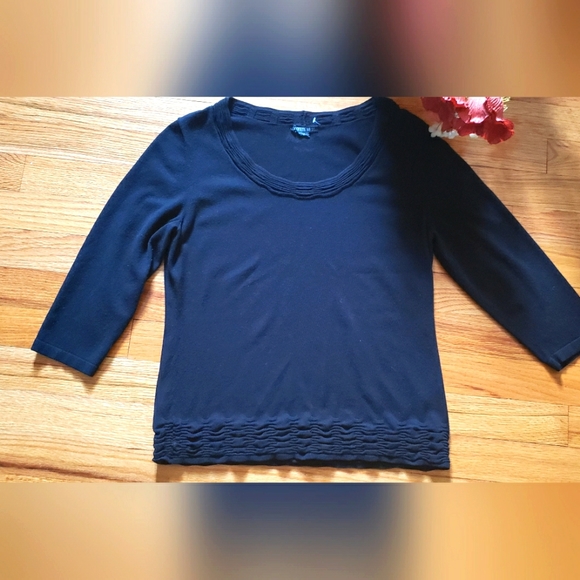 Lafayette 148 Black Short Sleeve Shirt Top Ruched Collar Neck & Bottom Hem Trim - Picture 1 of 5
